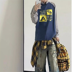 美式复古涂鸦做旧破坏牛仔裤情侣宽松直筒阔腿裤休闲长裤图片
