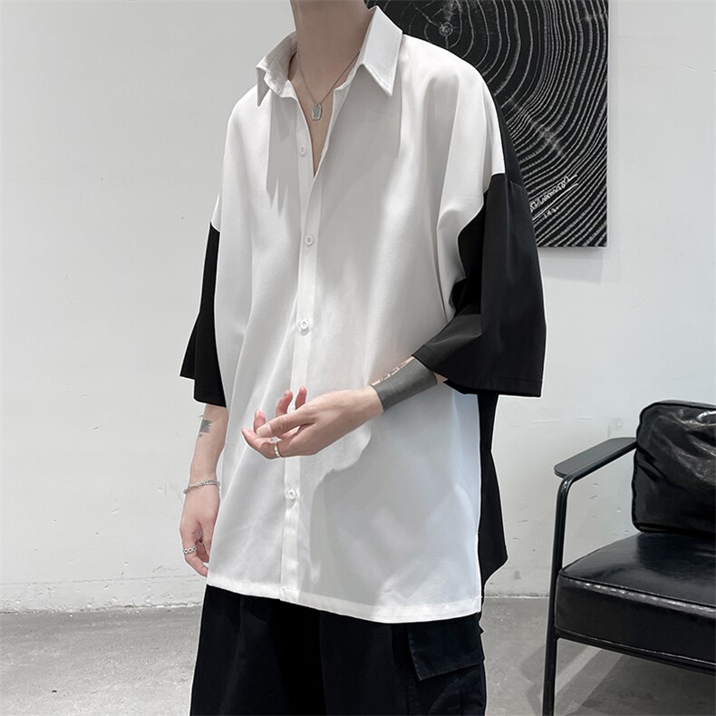 新款夏季禁欲风短剧拼接男士撞色短衬衫 A071-C12-P35（控58）图片