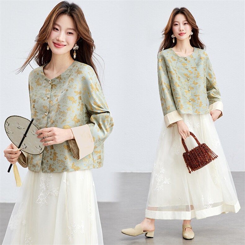 在仓~2026年春季新中式宽松纽扣真口袋通勤圆领人丝烫金长袖外套，女装短外套，新依时派