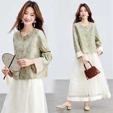 在仓~2026年春季新中式宽松纽扣真口袋通勤圆领人丝烫金长袖外套，女装短外套，新依时派