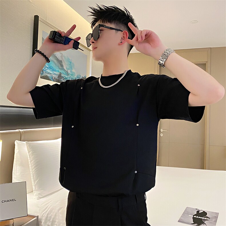 AT229/P58控78夏季社会小伙高级感设计铆钉上衣短袖T恤男军绿首1,男装T恤,星座305B-1