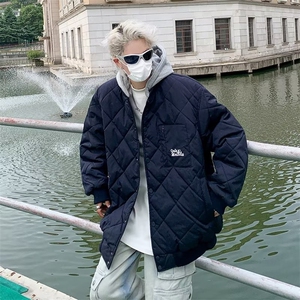 冬季可拆卸连帽菱形格棉衣男日系帽子可拆卸棉服外套潮 M757图片
