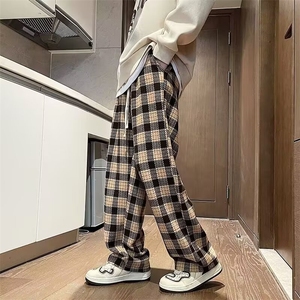 美式复古法格子裤男春秋潮牌绿色小香风裤子直筒休闲长裤图片