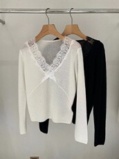 2024年秋季套头长袖纯色V领蕾丝拼接显瘦针织衫，女装羊毛衫，若菲羊绒