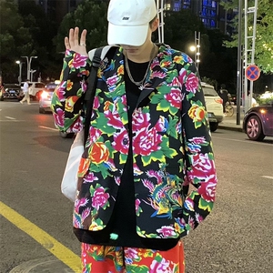 XZ01港风文艺男大码宽松西服东北大花潮牌开衫男女风民族特色图片