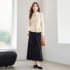 现货！秋季新款韩版时尚POLO领荷叶边上衣+百褶蕾丝裙两件套裙女，女装套装/套裙，宝儿家