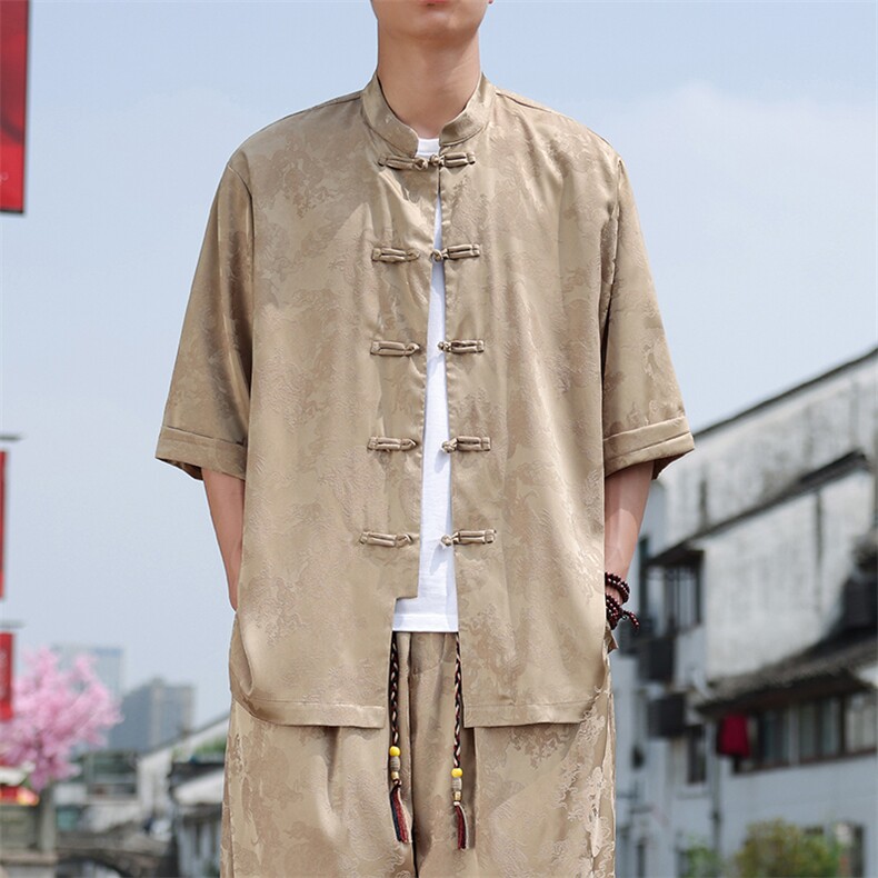新中式七分袖衬衫男2025夏季新款大码盘扣上衣图片
