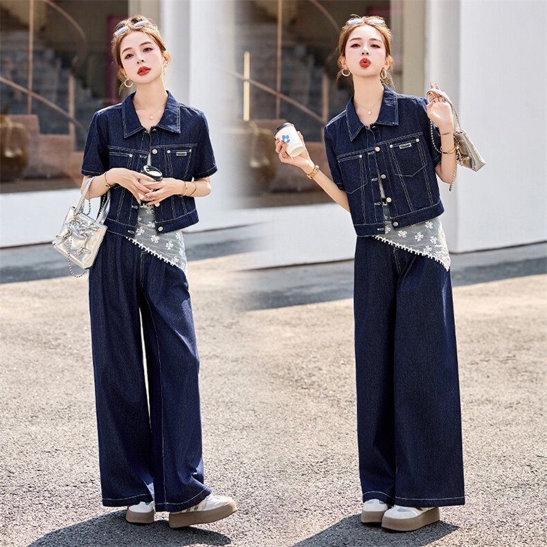 时尚蓝色牛仔套装女2025夏新款翻领短袖外套显瘦垂感阔腿裤两件套,女装套装/套裙,采品优优