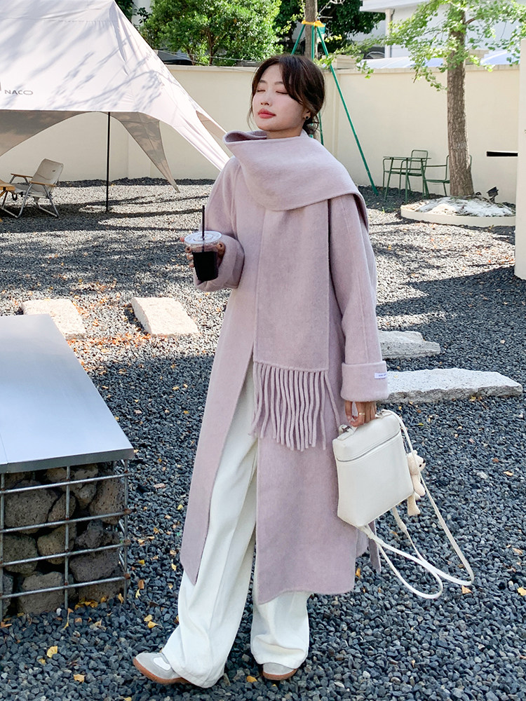 现货手工缝制70羊毛双面呢大衣配围巾210-651-P270-K398,女装双面呢大衣,韩蜜菓
