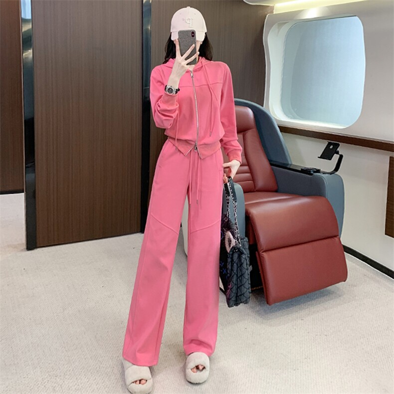 女秋季多巴胺穿搭时尚玫红色卫衣套装,女装套装/套裙,江南