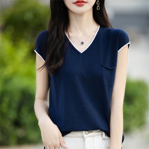 V领拼色100%纯棉针织短袖女夏季新款带兜T恤开叉上衣宽松半袖打底图片