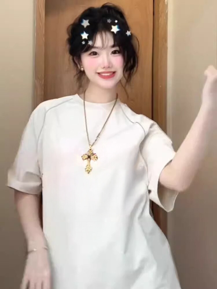 抖音得物二开240克宽松纯棉美式高街夜光反光工艺辑线短袖T恤,男装T恤,电商A486