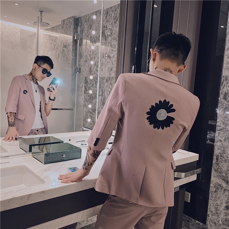 印花短袖西装无头风中袖西服西裤套装A328-2056,男装西服套装,星座406