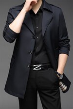 2023春季中长款纽扣风衣中青年男休闲爸爸装翻领纯色夹克外套图片