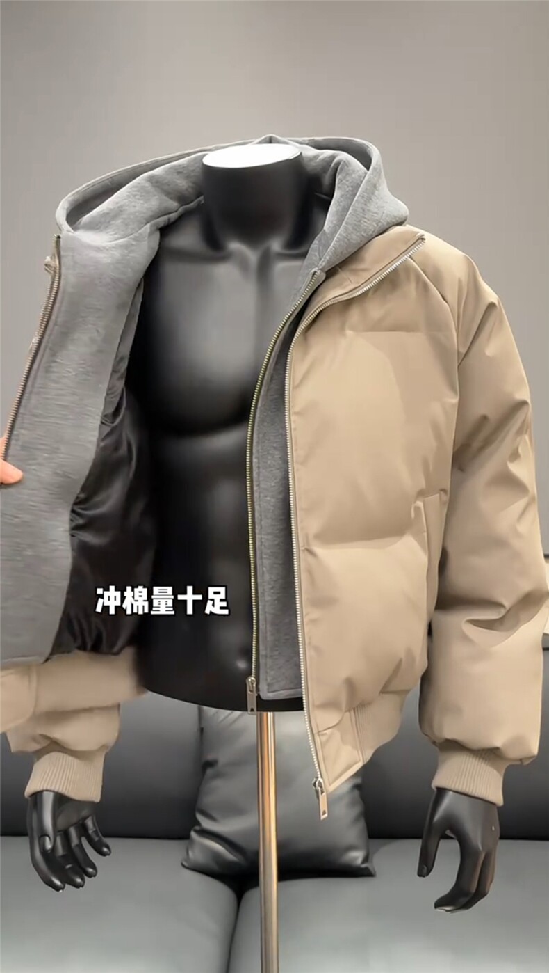 网图美式假两件pu皮短款棉服男款冬季加厚工装棉袄连帽外套特P89,男装皮衣,电商C306-1