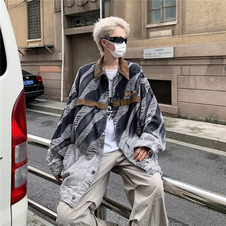新款斑马纹外套男女ins潮牌破洞复古bf拼接灯芯绒领夹克J8616-P72,男装夹克,星座1008-1