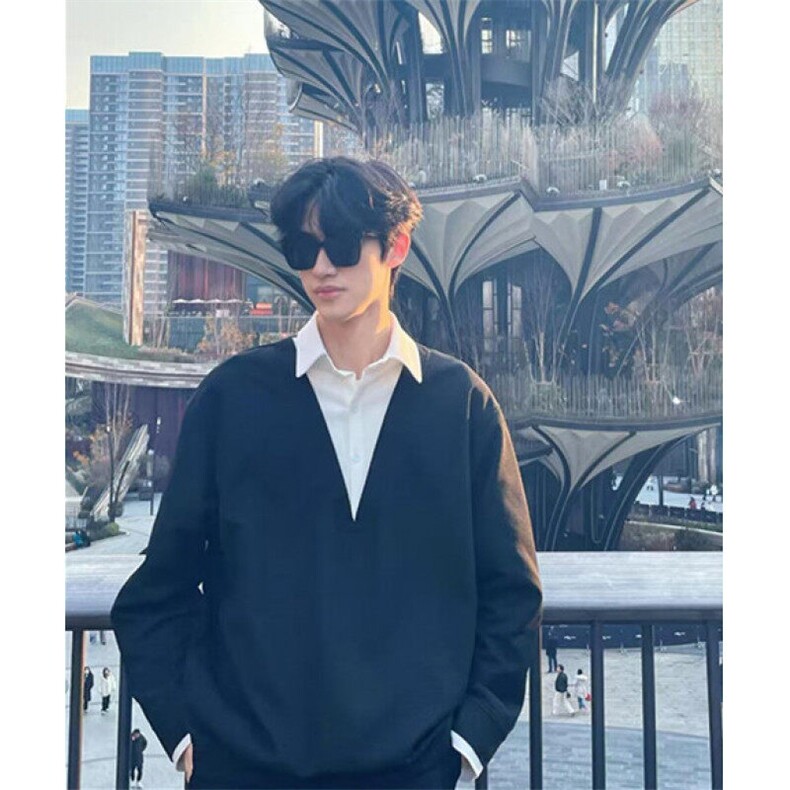 慵懒简约原宿潮流文艺ins新款假两件卫衣男士衬衫春秋季 CS22图片