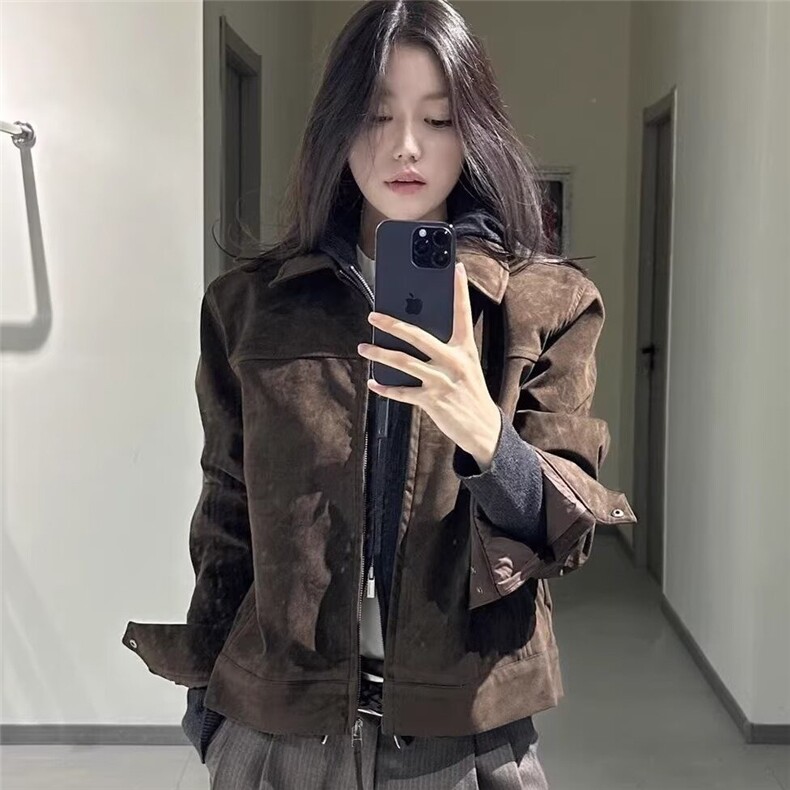 美式复古pu皮机车夹克外套男女潮牌高级感痞帅鹿皮绒双层夹克潮流图片