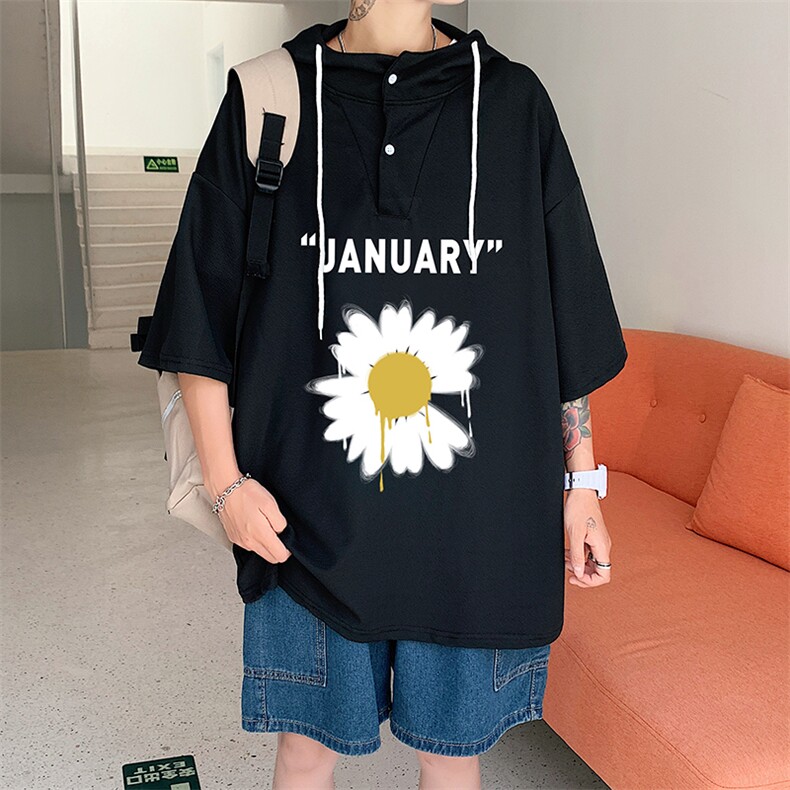 LD54073-P45 连帽短袖t恤男大码胖子带帽五分袖中袖图片