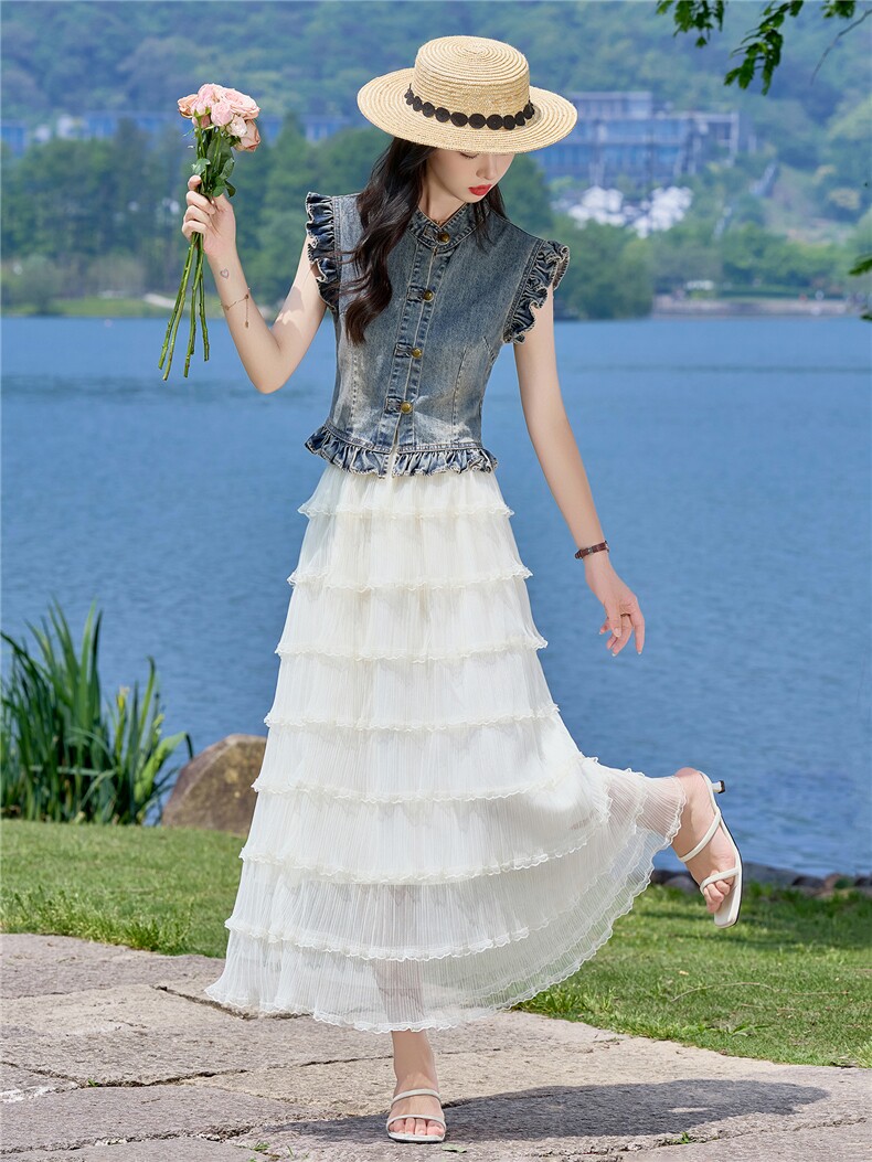 （新款现货）2026夏装时尚薄牛仔小飞袖上衣+蛋糕超仙纱裙两件套,女装套装/套裙,印象茜