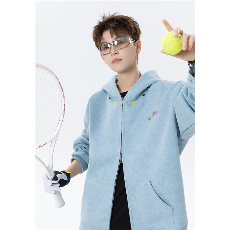 春季450克重磅加厚砂洗做旧双头拉链开衫刺绣连帽卫衣特P78控118，男装卫衣，电商A422-1