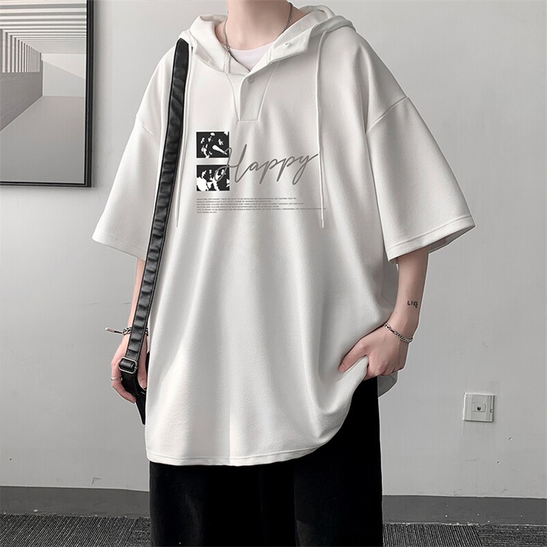 LD5431-P45连帽短袖t恤男大码胖子带帽五分袖中袖,男装T恤,电商A040