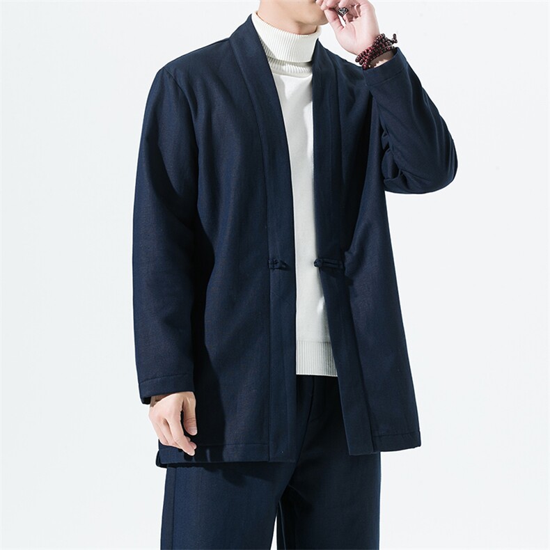 2165^风加绒加厚外套改良汉服亚麻道袍棉麻开衫保暖道袍披风图片
