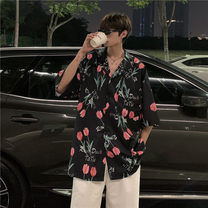 2026夏季新款男垂感卡通印花短袖情侣冰丝衬衫B299-X5390-P35限49,男装T恤,电商A061-1