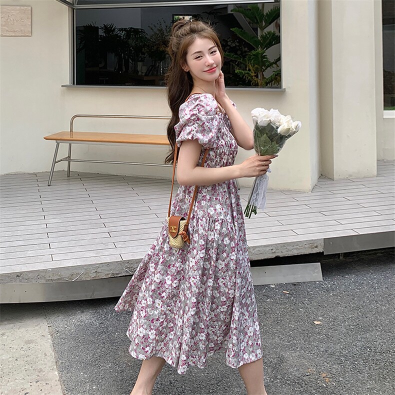 紫色复古碎花小众连衣裙女2023新款夏季v领娃娃领设计感中长裙子，女装连衣裙，浙宝192（原082）