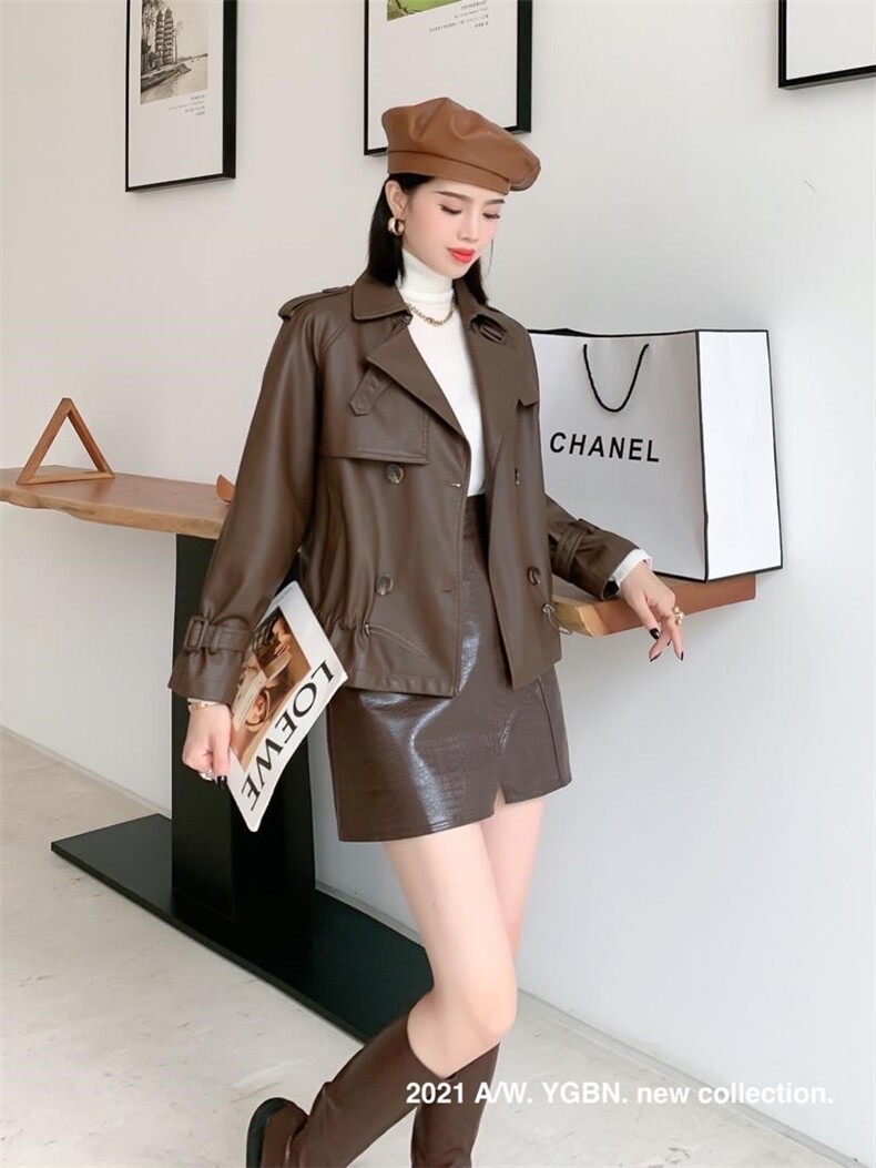 现货-抽绳短风衣款皮外套，女装风衣，依歌贝诺