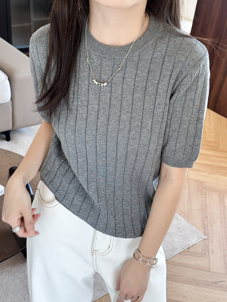 2025年夏新款全面女五分袖针织衫薄款套头显瘦棉线打底衫圆领上衣,针织衫/毛衣,洁纯羊绒