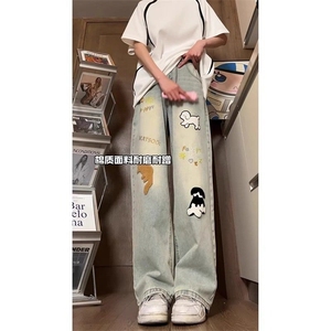 小狗刺绣牛仔裤男夏季薄款潮牌痞帅裤子美式高街长裤A8059-P45图片