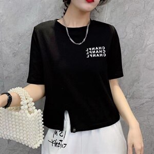 欧洲站2021夏季新款不规则开叉短款T恤女修身显瘦短袖打底衫上衣图片
