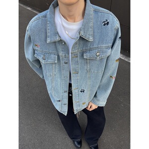 春秋季牛仔外套男刺绣修身夹克学生青年大码牛仔衣服上衣 J90图片
