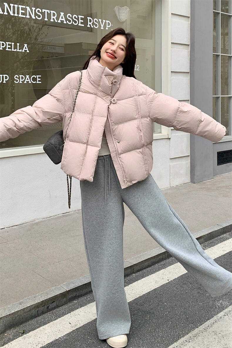 韩系粉色立领羽绒服女冬2025新款超火好看高级小众保暖加厚短外套,女装羽绒服,2B082