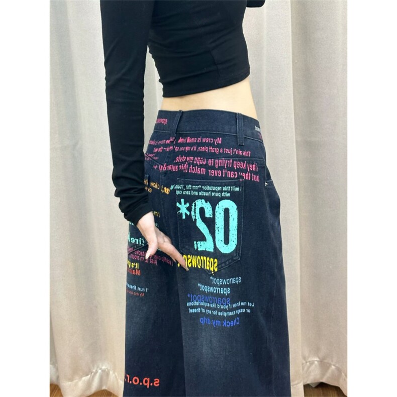 有货。印花牛仔裤女街头辣妹宽松阔腿拖地长裤RK3405-P53,男装牛仔裤,星座412-3