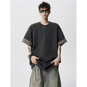 8XL-M 格子翻边设计短袖tee男同款文艺休闲T恤上衣半截袖男DX342图片