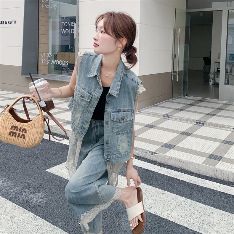韩版蕾丝拼接牛仔马甲阔腿裤套装女2025夏季新款度假风显瘦两件套,女装套装/套裙,2C316