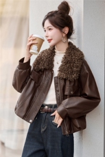 羊羔毛领加绒皮衣短外套女2025秋冬新款保暖时尚酷飒PU皮夹克上衣，女装皮衣，梦依缘