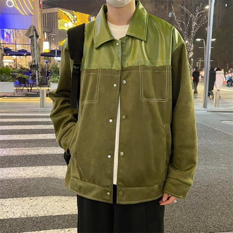 仿麂皮绒拼接夹克男韩版休闲设计轻熟风撞色外套上衣潮HH677 P55图片