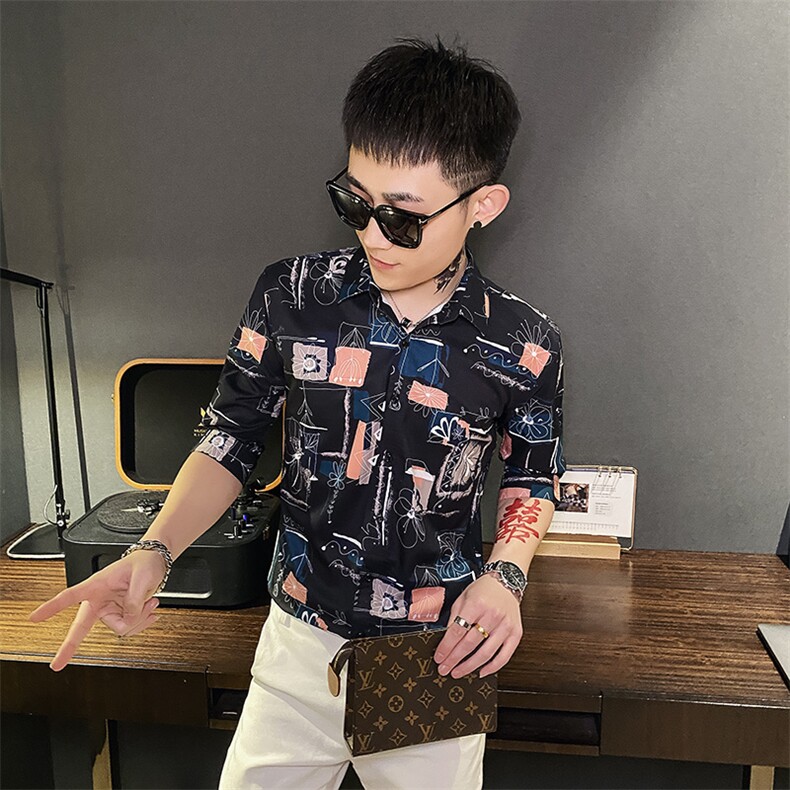 312A-107-P55新款社会小伙中袖衬衫韩版潮流男士五分袖衬衣A,男装T恤,星座312A-5