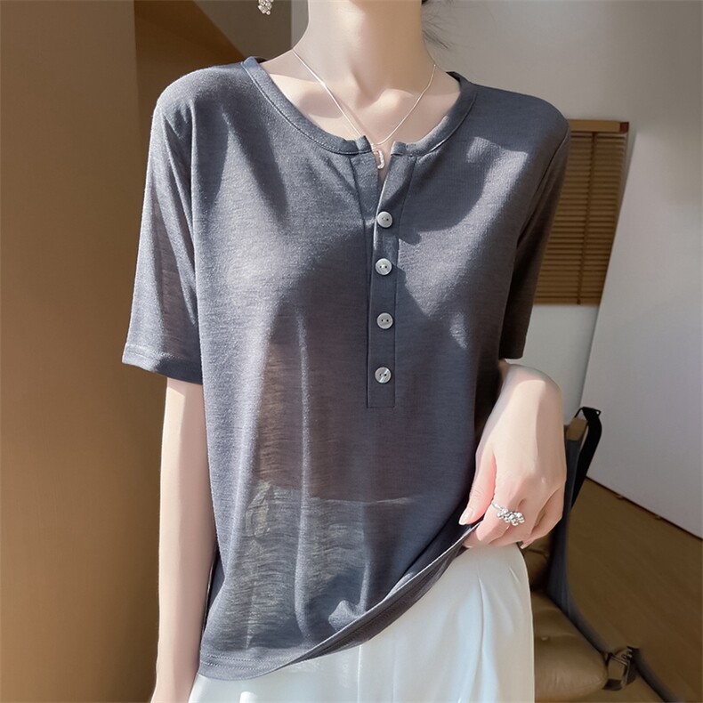 春秋短袖高档新款简约四扣半开圆领薄款打底衫女t恤针织上衣,针织衫/毛衣,绒宛羊绒