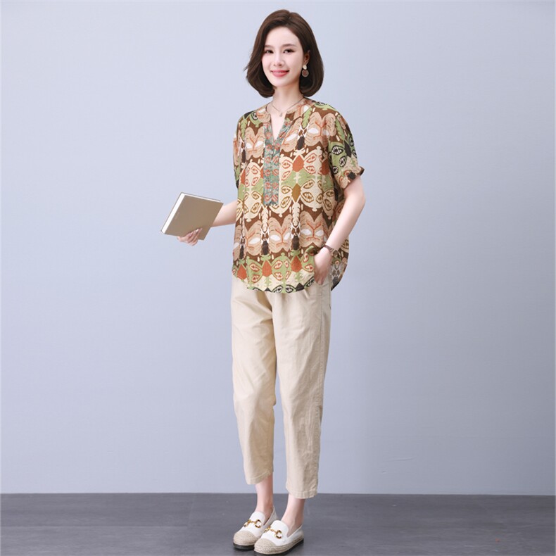 2025新款中老年妈妈夏装短袖t恤女洋气国风印花天丝棉中长款衬衫,女装套装/套裙,叶笙衣