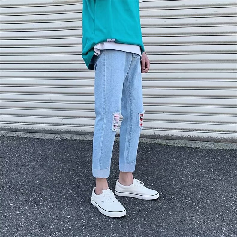 牛仔裤男长裤韩版潮流直筒潮牌ins九分裤宽松破洞乞丐裤G251-P40,男装牛仔裤,星座1109-3