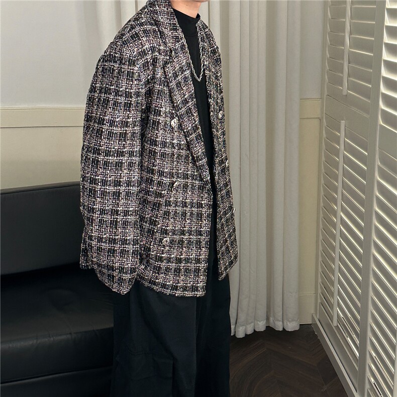 秋冬休闲小香风西装外套男潮格纹呢子西服A351-AX2506-P125，男装西服套装，电商A351