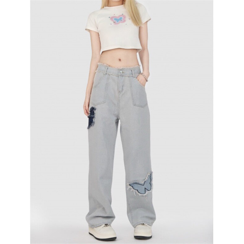 10028-P47牛仔裤蝴蝶贴布刺绣高腰直筒裤宽松毛边阔腿裤，男装牛仔裤，电商A306A