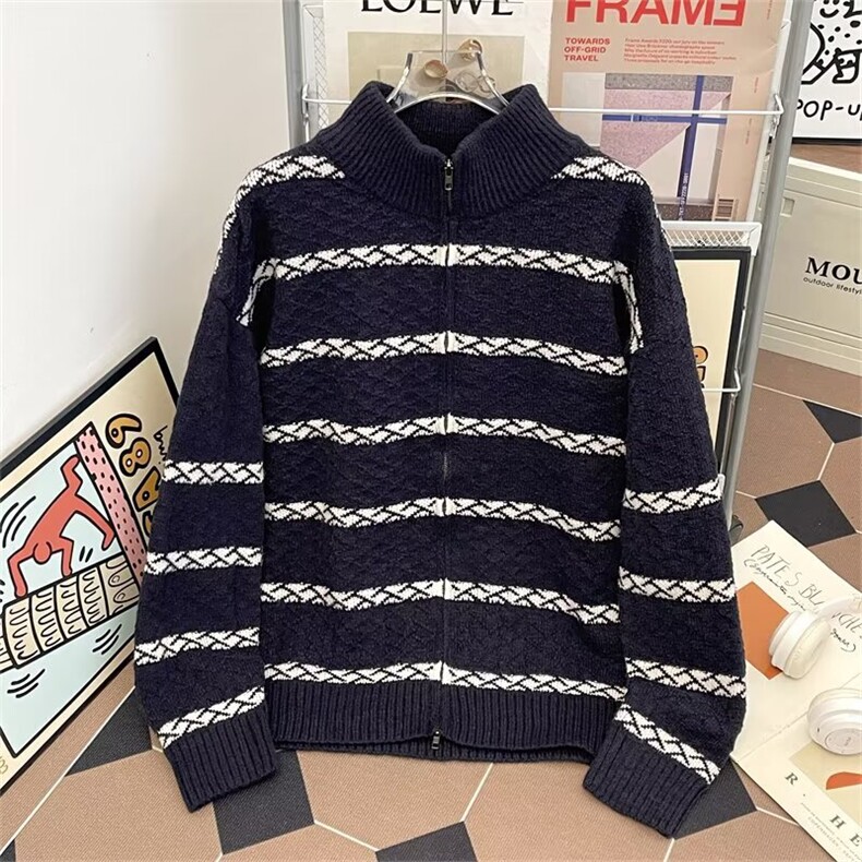 老钱风菱格开衫针织衫男秋季撞色条纹立领毛衣外套高级感潮牌外套,男装针织衫/毛衣,星座601-1