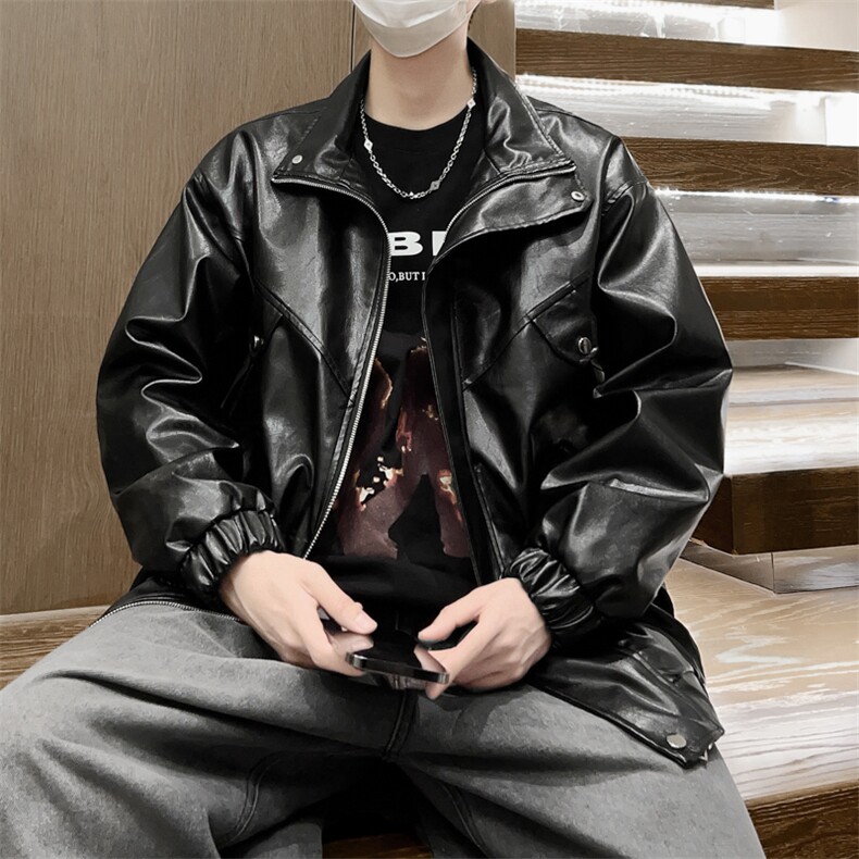 青年秋季皮夹克男宽松立领皮衣潮外套薄款A266-PY008-P75控138图片