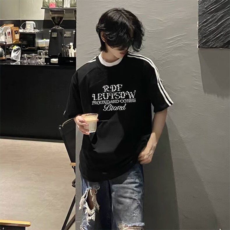 抖音得物高品质二开240克宽松纯棉美式潮牌三条杠织带短袖T恤,男装T恤,电商A486