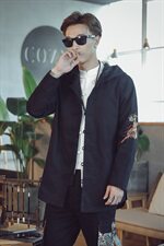 W203*中国风国潮复古夹克麒麟刺绣唐装连帽外套风衣浅灰*P95，男装风衣，星座1516（原B303）